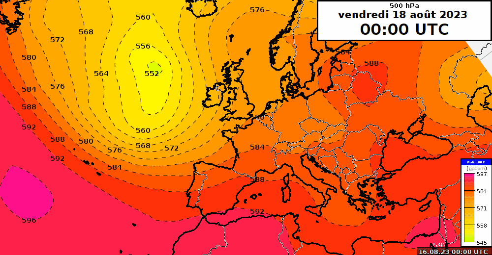 Animation du géopotentiel du niveau 500 hPa au-dessus de l'Europe. Période de prévision du vendredi 18 août au vendredi 25 août 2023. 