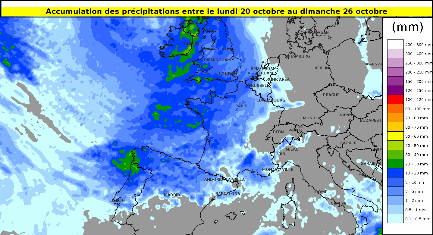 Cumul total des précipitations sur l'ouest de l'Europe durant la semaine à venir entre lundi 20 octobre et dimanche 26 octobre 