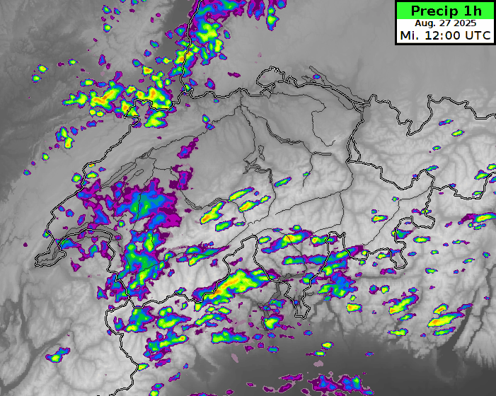 Animation de la réflectivité ICON-CH1-CTRL entre mercredi 14 h et jeudi 20 h CEST. Au début, des orages isolés se développent, puis les précipitations se généralisent, parfois accompagnées d'orages.