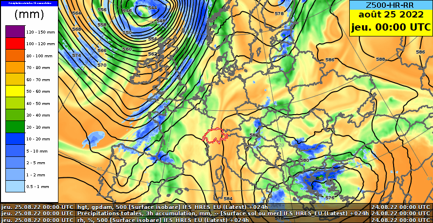 Figure 2. Géopotentiel  (contours noirs en décamètres), humidité relative (orange=sec/vert=humide) à 500 hPa (~5500 m) et cumuls de précipitations en 6 heures (zones bleues en millimètres) du jeudi 25 00 h UTC au lundi 29 août 2022 00 h UTC. Modèle IFS haute résolution.
