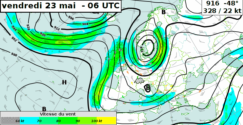 Animation du géopotentiel (isolignes noires) et des vents (plages de couleur) au niveau 300 hPa (vers 9000 m) pour les 8 prochains jours entre vendredi 23 mai 6h et vendredi 31 mai 24h.