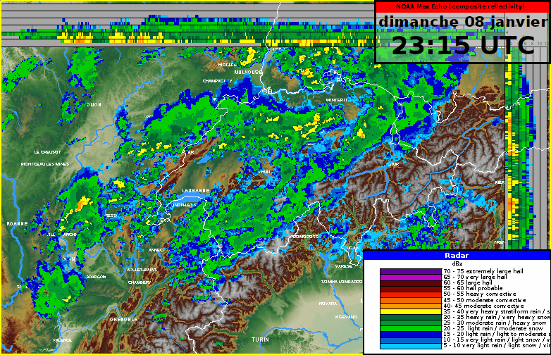 Animation radar composite entre minuit et 04h00 du matin dans la nuit du dimanche 8 au lundi 9 janvier montrant les décharges électriques (cercles et croix colorés) le long d'une ligne orageuse entre Fribourg et l'ouest lémanique. 