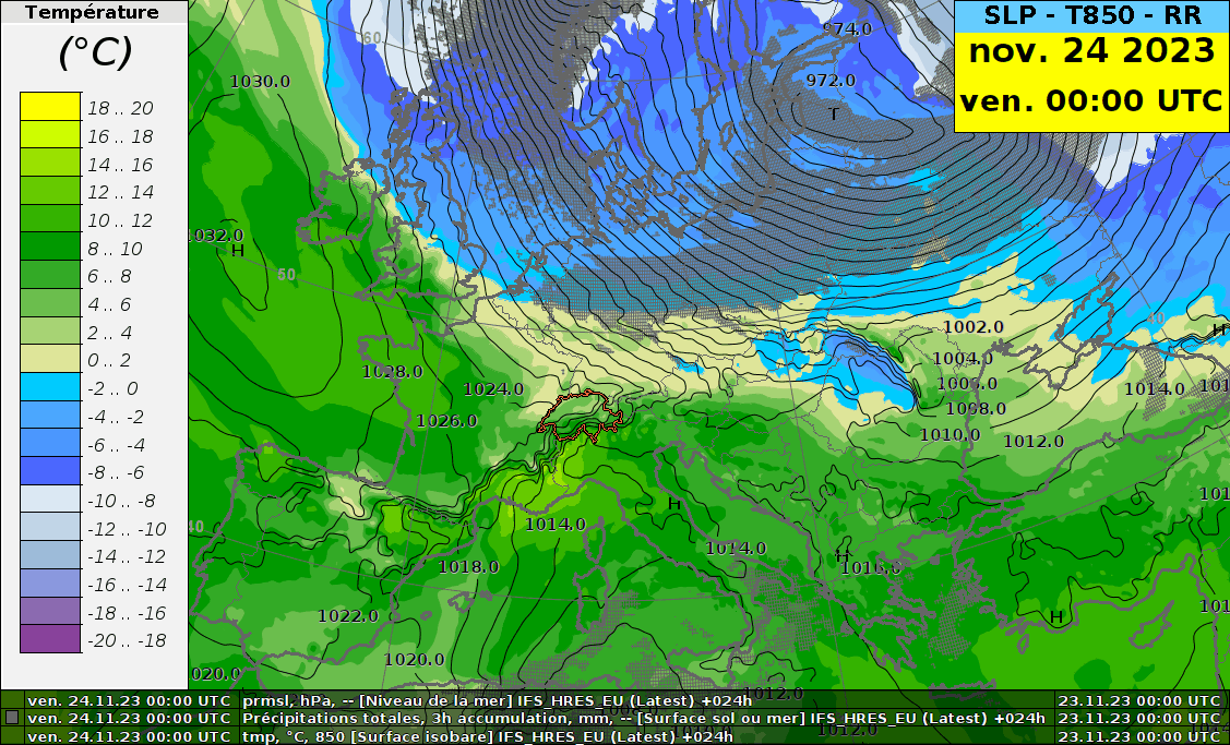 Carte de la pression réduite au niveau de la mer (en hPa, contours noirs), température à 850 hPa (vers 1500 m, en °C, couleurs) et zones de précipitations (zones grises) du vendredi 24 novembre 00 h UTC au lundi 27 novembre 2023 00 h UTC. Modèle IFS Haute Résolution.
