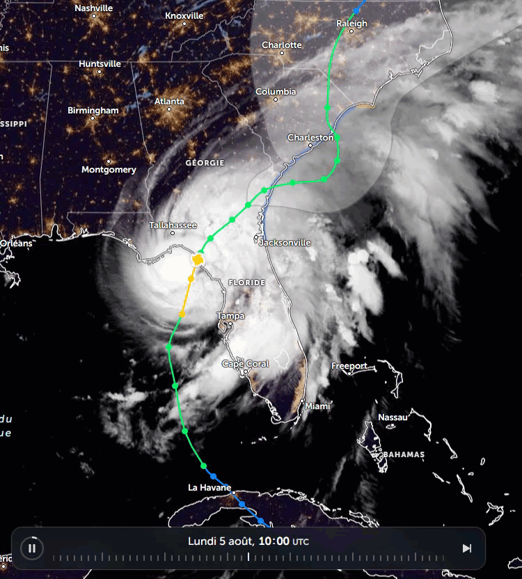 Figure 1 : animation satellite de la tempête Debby entre le 5 et le 6 août. La partie de la trajectoire en jaune correspond au passage en tant qu’ouragan de catégorie 1, alors que le vert représente une tempête tropicale (plus de détails sur le tableau de la Figure 2).