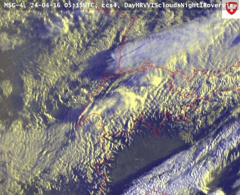 Animation satellite visible montrant l’évolution de la nébulosité (nuances de blanc-jaune) sur les Alpes mardi 16 avril de 05:15UTC à 10:00UTC.