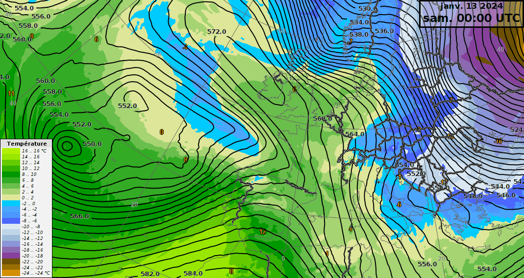 Température à 850 hPa (couleurs) et géopotentiels à 500 hPa (lignes noires).