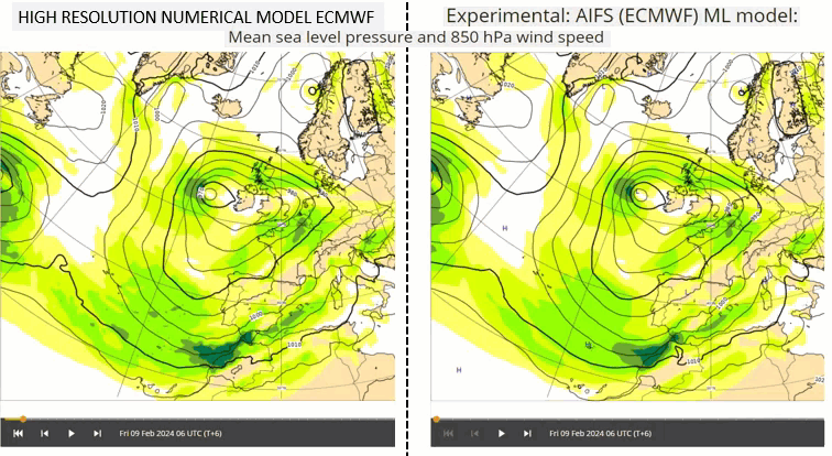 Comparaison modèle IFS haute-résolution avec le modèle AIFS expérimental : Pression niveau de la mer (MSL) et vent à 850 hPa.