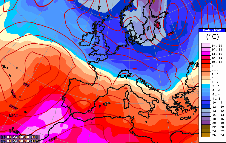 Animation de la pression au sol et de la température à 850 hPa (environ 1500 mètres) entre mardi 09 UTC et samedi 6UTC. Source : ECMWF, MétéoSuisse