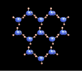Figure 3 : animation de la maille hexagonale que forment les molécules d’eau dans un cristal de glace. On voit que chaque maille du cristal est composée de six molécules d’eau agencées en hexagone. 