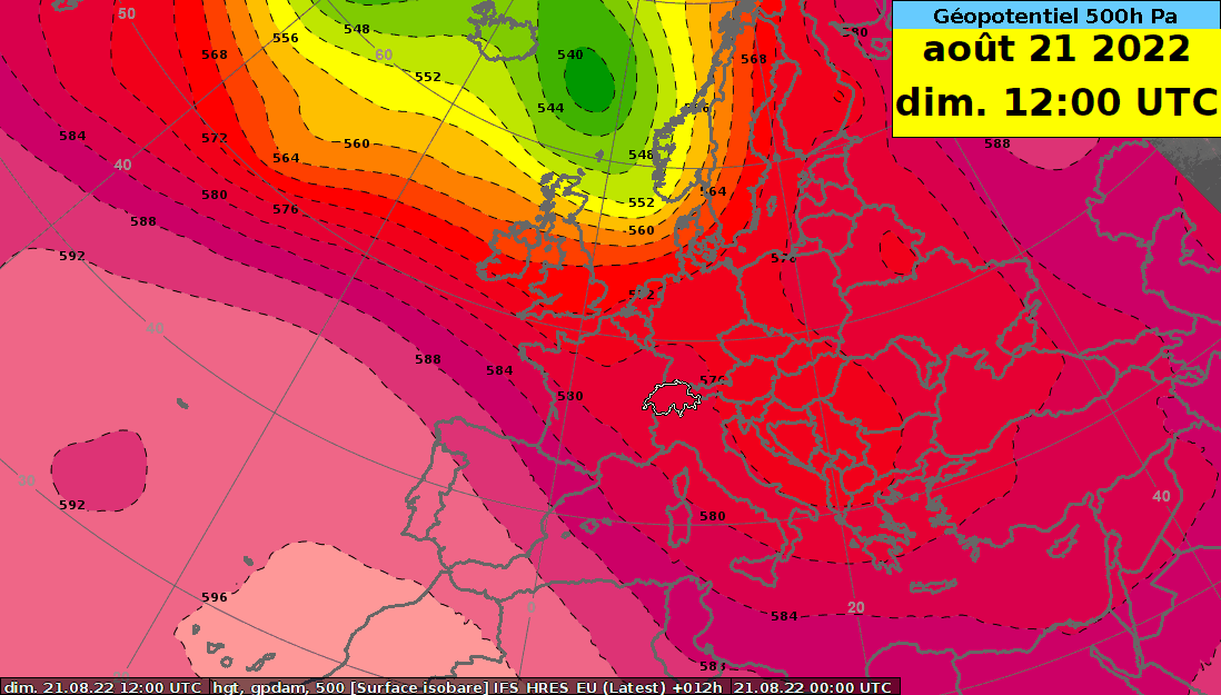 Figure 5. Géopotentiel (en décamètres) à 500 hPa (pression vers 5700 m) du dimanche 21.08 12 h UTC au samedi 27.08.2022 00 h UTC. Les couleurs rouges/violettes indiquent les zones de haute pression et les couleurs jaunes/vertes les zones de basse pression. Modèle IFS.