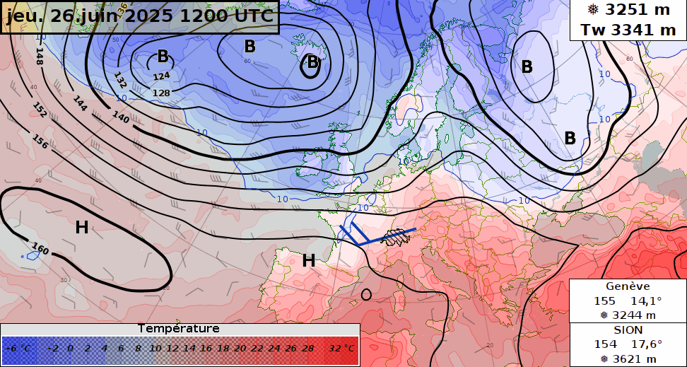 Géopotentiel (courbes noires) et température à 850 hPa (environ 1500 m) prévus de jeudi midi à lundi midi par le modèle IFS du centre européen.