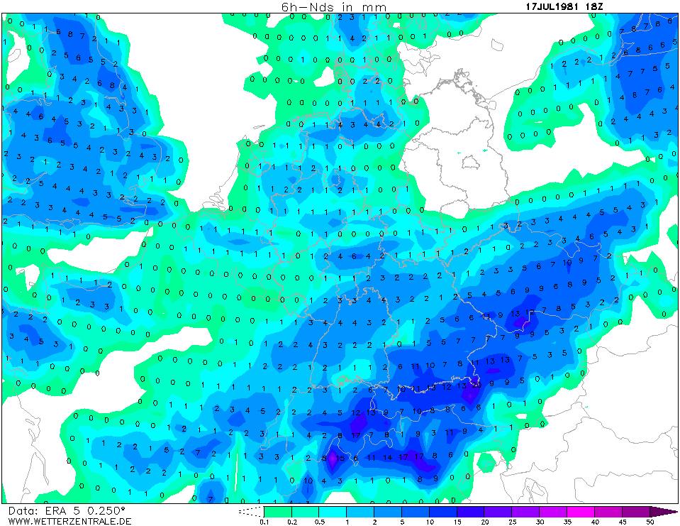 Animation des pluies par pas de 6h du 18 au 21 juillet 1981. Réanalyse ERA5, via Wetterzentrale.de 