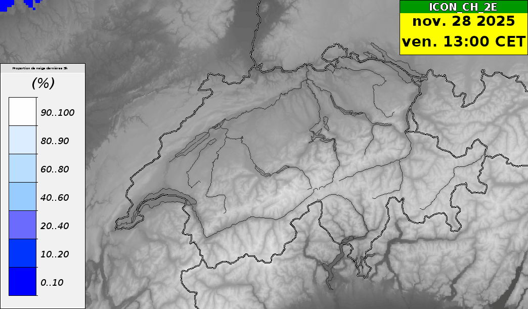 Proportion de précipitation sous forme de neige (blanc) ou de pluie (bleu). 