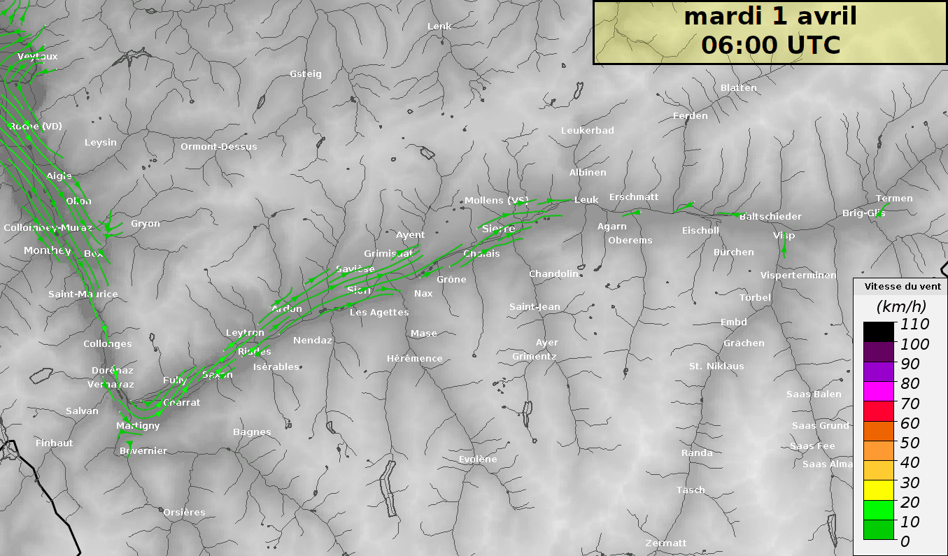 Simulation du vent en Valais central du mardi 1er avril à 8 h au mercredi 2 avril à 2 h.