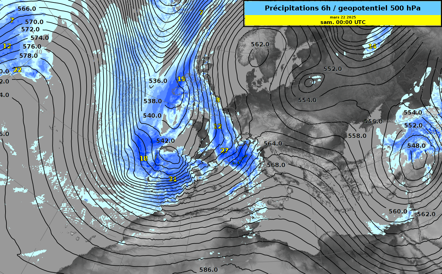 Prévision de cumuls de précipitations sur 6h et de l'altitude du géopotentiel en décamètres du samedi 22 au vendredi 28 mars 2025. (Image : modèle IFS @ ECMWF)