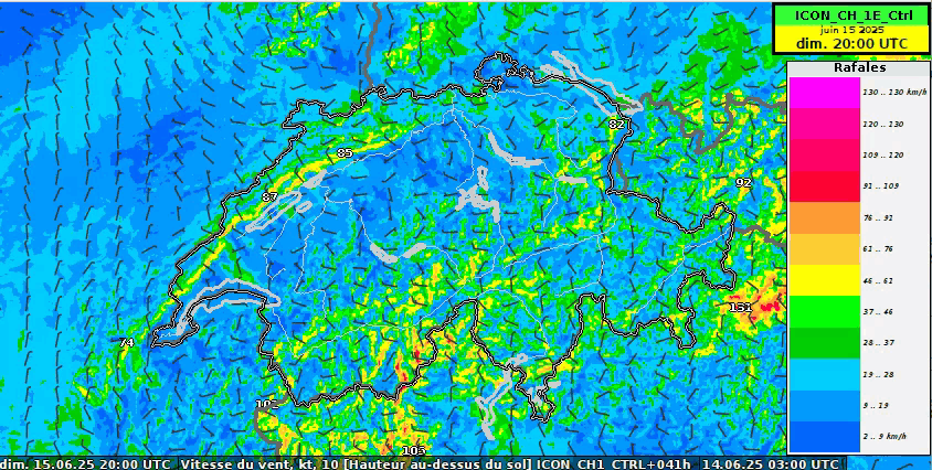 Front de rafales (km/h) possible dimanche (modèle ICON-1).