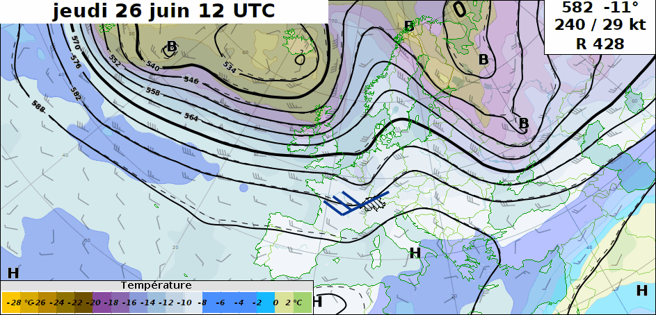 Géopotentiel (courbes noires) et température à 500 hPa (environ 6000 m dans cette situation) prévus de jeudi midi à lundi midi par le modèle IFS du centre européen.