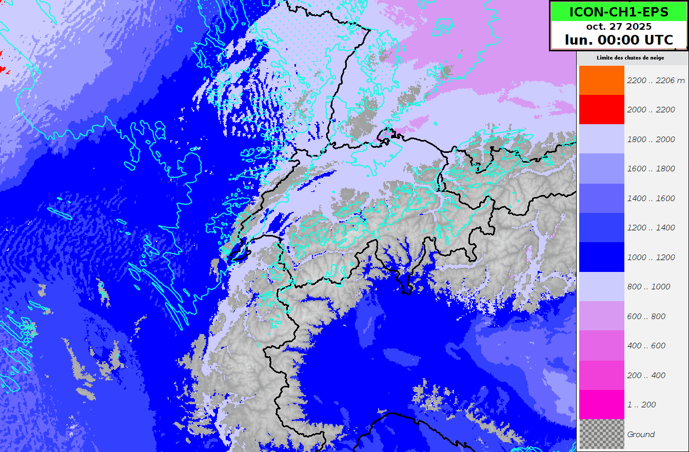 Évolution de la limite pluie-neige (plage de couleurs) et des précipitations (turquoise) entre 00 UTC et 18 UTC, c'est à-dire entre 01h et 19h, heure d'hiver locale. Le triangle constituant le "secteur chaud" est bien visible sur la France à la mi-journée. 