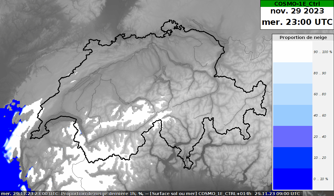 Proportion de neige dans les précipitations (en %) entre mercredi 29.11 23 h UTC et jeudi 30.11.2023 18 h UTC