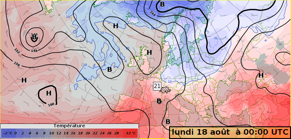 Prévision de la température au niveau 850 hPa (vers 1500 m) entre lundi 18 août et samedi 23 août. La bascule entre le rouge et le bleu est située à 10 °C. Dans l'encart, prévision de la température au sol sur le Plateau suisse. 