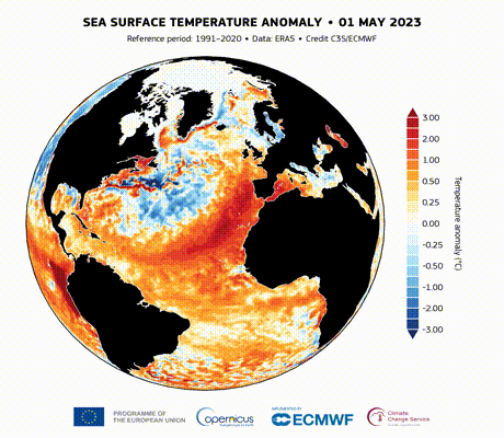 Animation de l'anomalie de température de la surface de l'eau dans l'Atlantique Nord de mai à juillet 2023. 