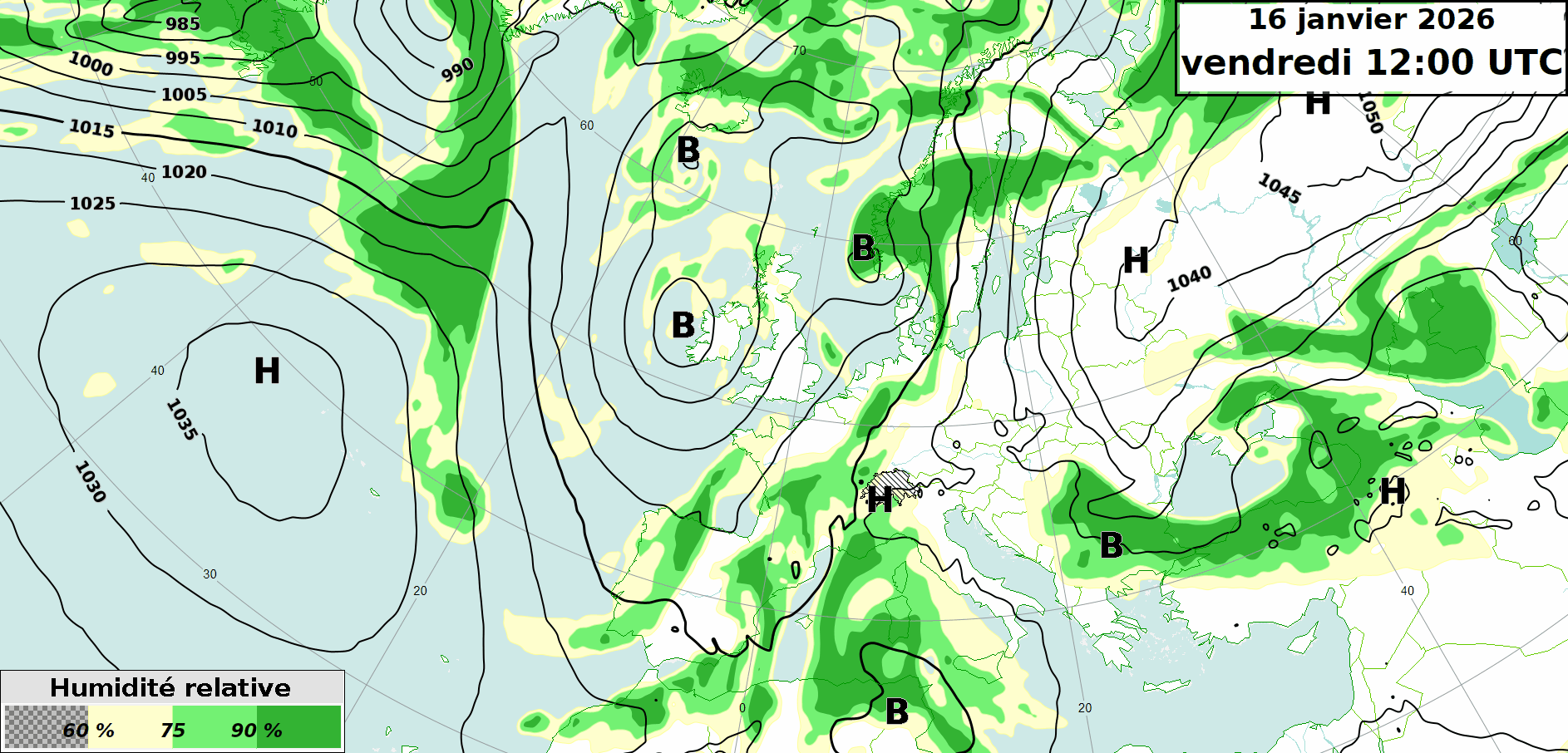 Pression au niveau de la mer et humidité relative à 700 hPa (environ 3000 m) entre ce midi et vendredi prochain selon le membre de contrôle du modèle IFS.