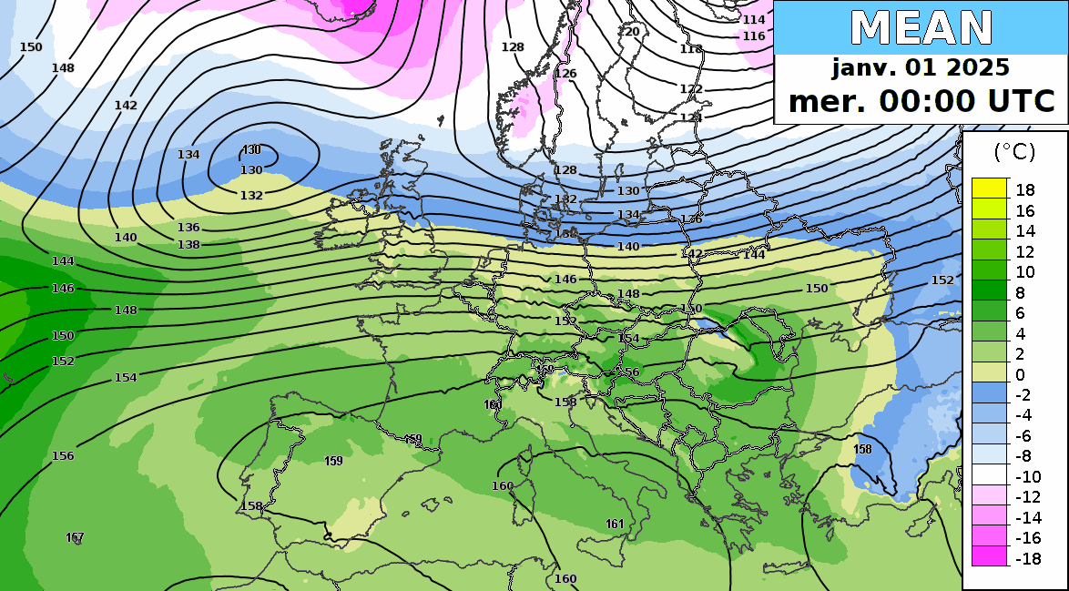 Carte de l'évolution du géopotentiel et de la température à 850 hPa (=1500 m) du mercredi 1er au samedi 4 janvier 2025. Moyenne de l’ensemble du modèle IFS.