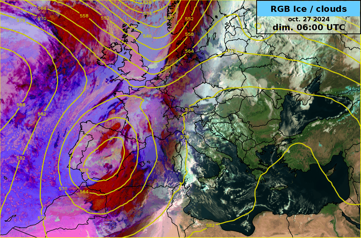 Animation satellite et géopotentiel à 500 hPa depuis hier matin. Source : MétéoSuisse