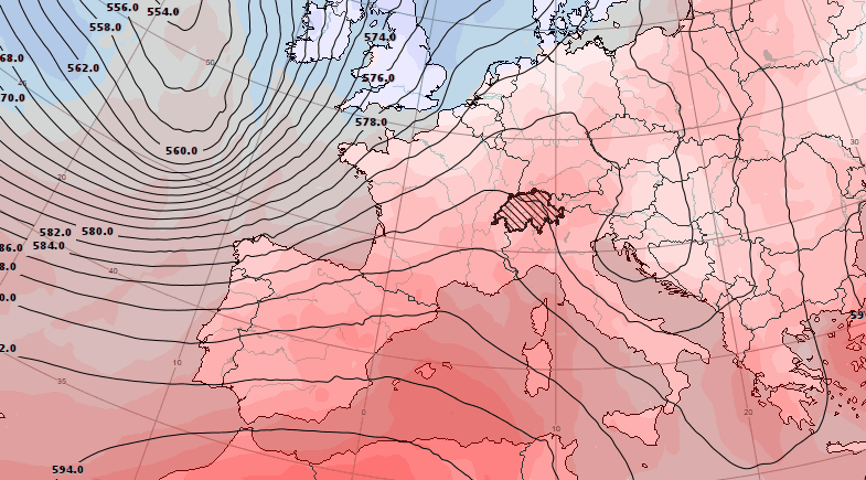 Evolution de la hauteur de la géopotentielle 500 hPa (équivalent de la pression en altitude) en courbes noires, et de la température de l'air à 1500 m en plages de couleurs, de vendredi midi à jeudi soir.