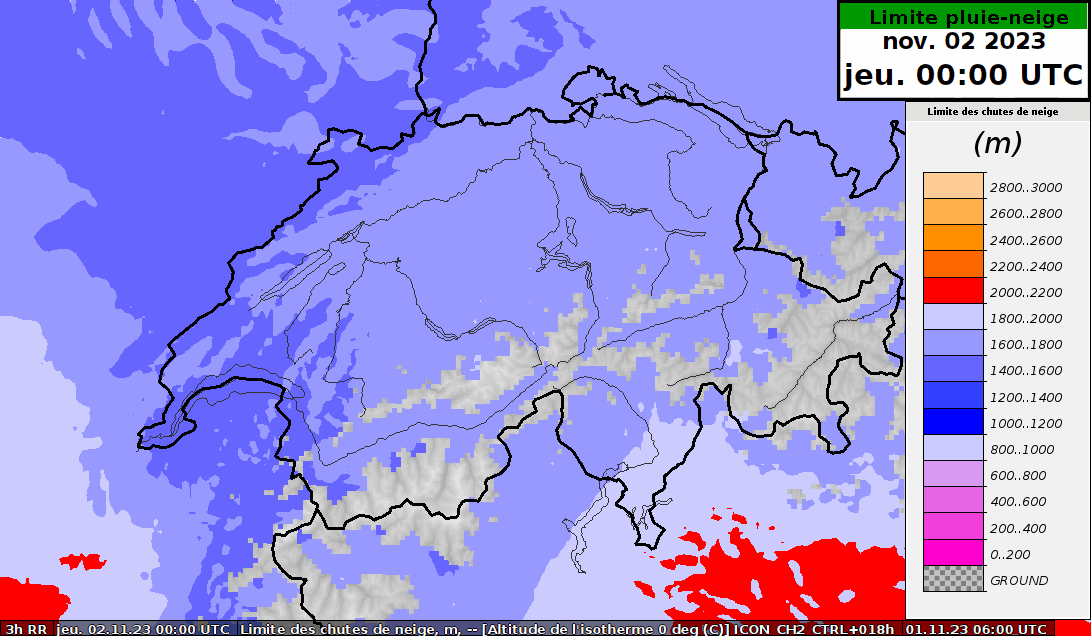 Animation de l'évolution de la limite pluie-neige (en mètres) du jeudi 2 au dimanche 5 novembre 2023 selon le scénario de contrôle du modèle ICON-2E.