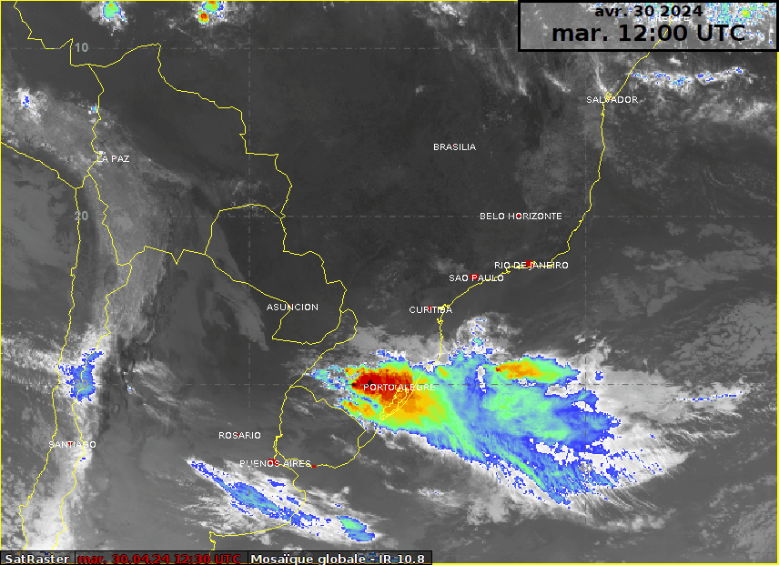  Figure 1 : animation satellite infrarouge entre le 30 avril et le 2 mai 2024. Les couleurs sont proportionnelles à la température du sommet des nuages : plus on va vers le rouge, plus le sommet des nuages est froid, ce qui témoigne de nuages à fort développement vertical, typique des systèmes frontaux et orageux. Rio Grande do Sul est l’Etat le plus au sud du Brésil, à la frontière avec l’Uruguay.