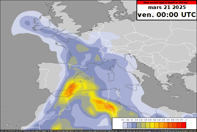 Fig 1 : prévision de l'épaisseur optique d'aérosols de poussières par CAMS (Copernicus Atmosphere Monitoring Service) durant la journée du vendredi 21 mars 2025. On repère le panache de poussières sahariennes remontant depuis l'Afrique du nord en direction de l'Europe de l'Ouest et la Suisse.