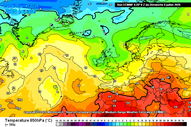Géopotentiel et température à 850 hPa prévus du 7 au 11 juillet 2025. Source : ECMWF IFS, Meteociel