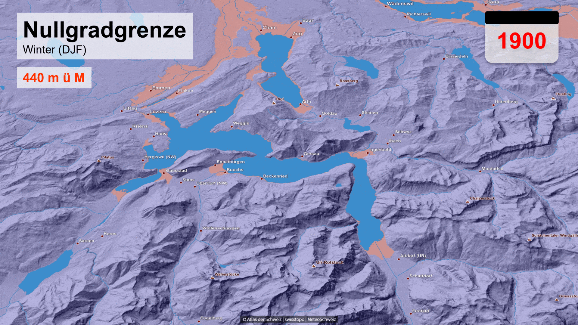 Figure 1. Altitude moyenne de l'isotherme du zéro degré en hiver (décembre à février) en Suisse centrale pour les années 1900, 2000, 2055 et 2085, en mètres au-dessus du niveau de la mer. Les valeurs indiquent des moyennes sur 30 ans centrées sur les années ci-dessus. Les régions avec des températures inférieures à 0 °C sont colorées en bleu, celles avec des températures supérieures à 0 °C en rouge. Les zones colorées en jaune peuvent continuer à présenter des températures moyennes inférieures à 0 °C grâce à de fortes mesures de protection du climat. En cas de changement climatique non freiné, les températures moyennes augmentent cependant ici en partie nettement au-dessus du point de congélation.  