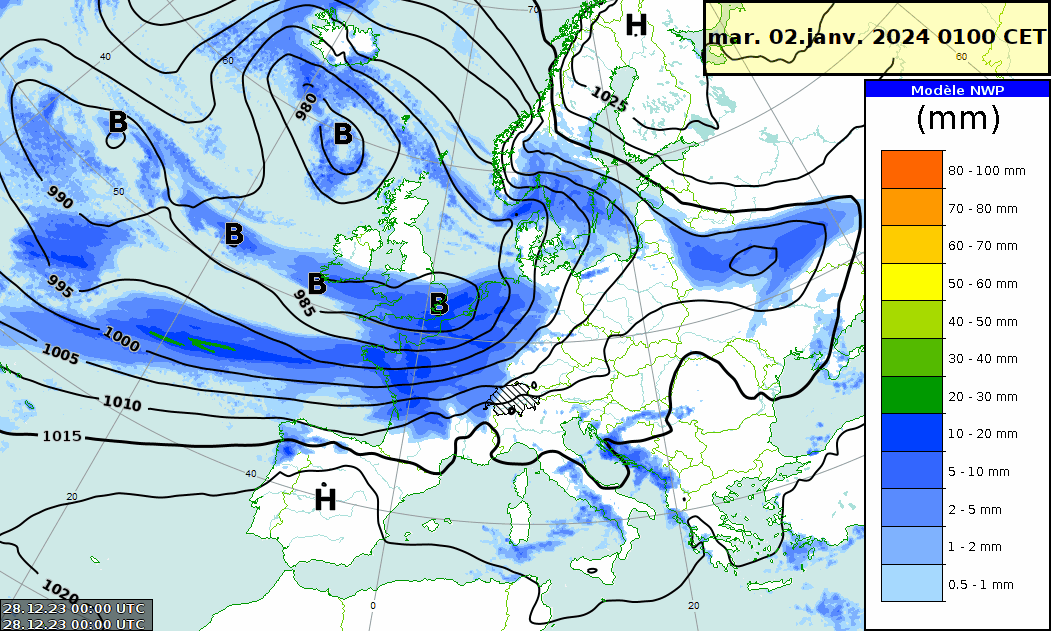 Figure 2. Pression réduite au niveau de la mer (contours noirs, en hPa) et cumuls de précipitations en 6 h (couleurs, en mm) du mardi 2 au mercredi 4 janvier 2024. Modèle IFS Haute Résolution.