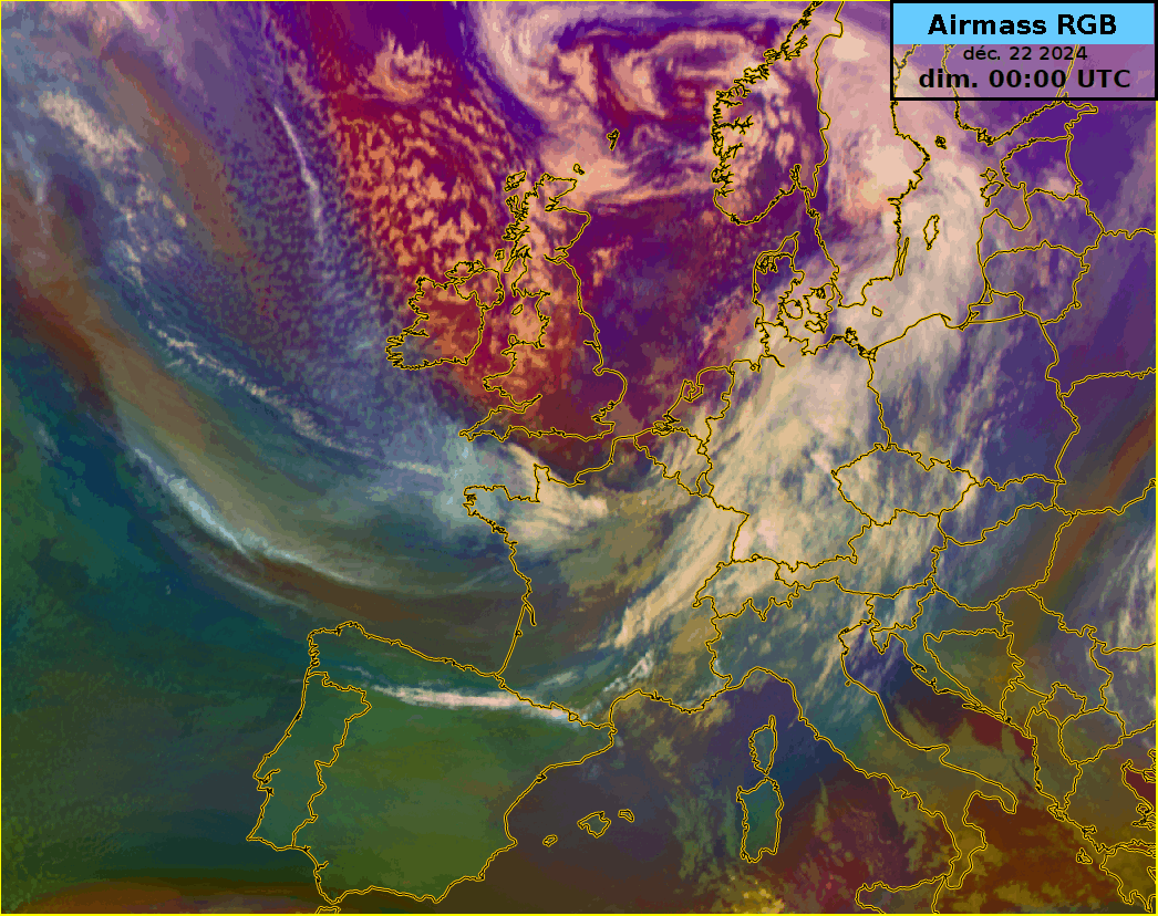 Figure 2 : animation satellite entre dimanche 00 UTC et mardi 00 UTC, Les couleurs verdâtres représentent les masses d’air subtropicales, les couleurs violet et bleu montrent les masses d’air polaire. Source : Eumetsat, airmass RGB
