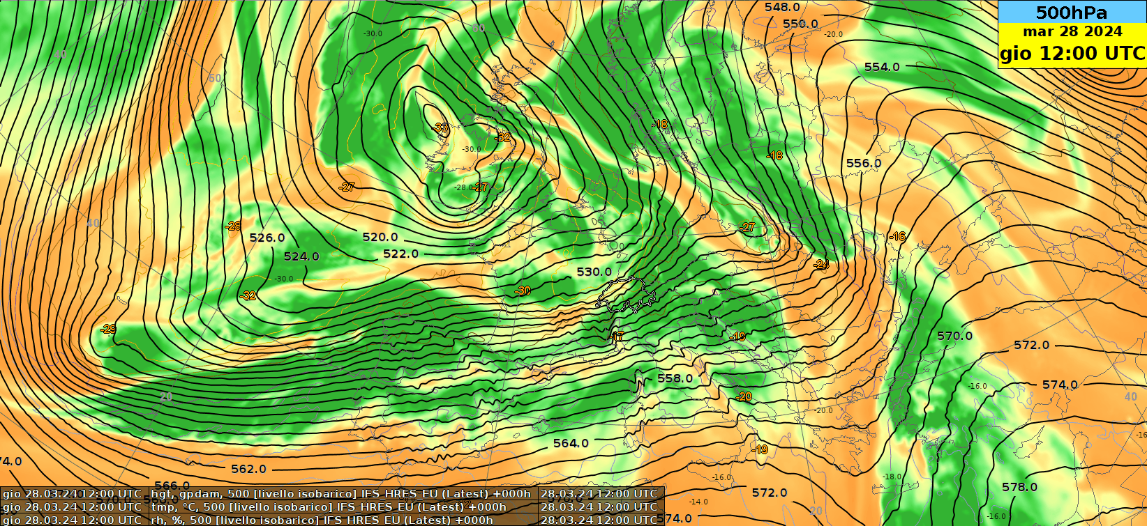 Fig. 6 : Hauteur géopotentielle (lignes continues) à 500 hPa (env. 5500 m) et humidité relative (couleurs, plus le vert est intense, plus l'air est humide) prévues par le modèle ECMWF entre le jeudi 28 mars à 12 heures et le mardi 2 avril à 00 heures. 