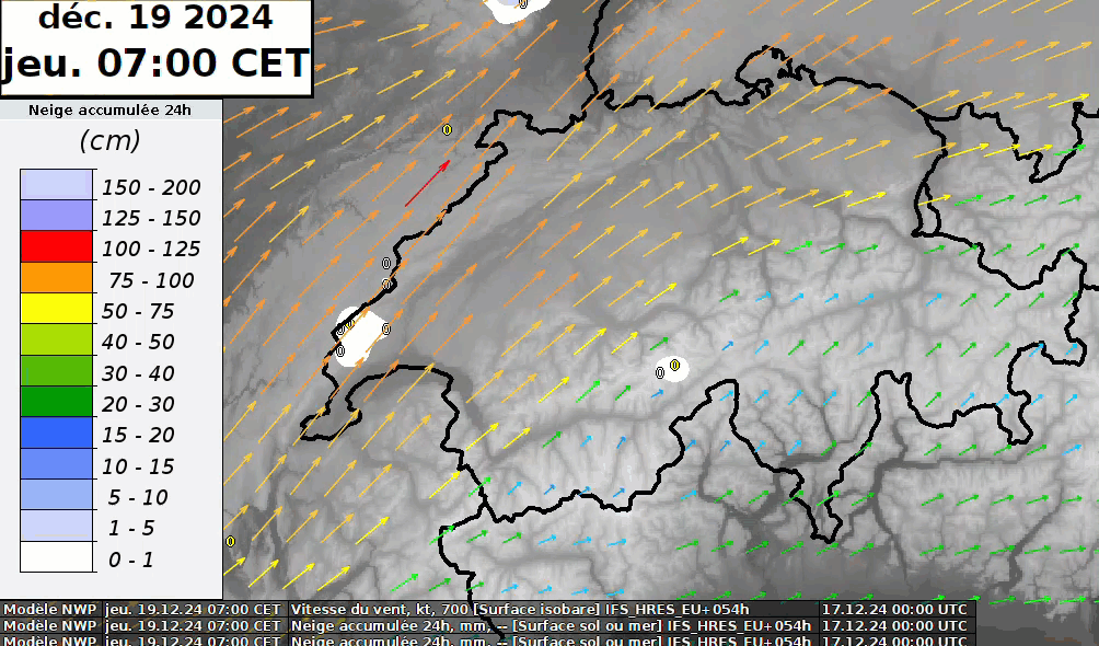 Accumulation de neige fraîche en 24 heures entre jeudi 19.12 06h et vendredi 20.12 06h, modèle IFS