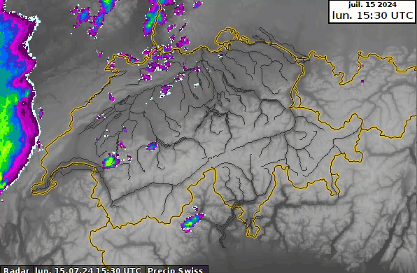 Animation radar montrant le passage du front orageux sur la Suisse entre le 15.07 et le 16.07.2024