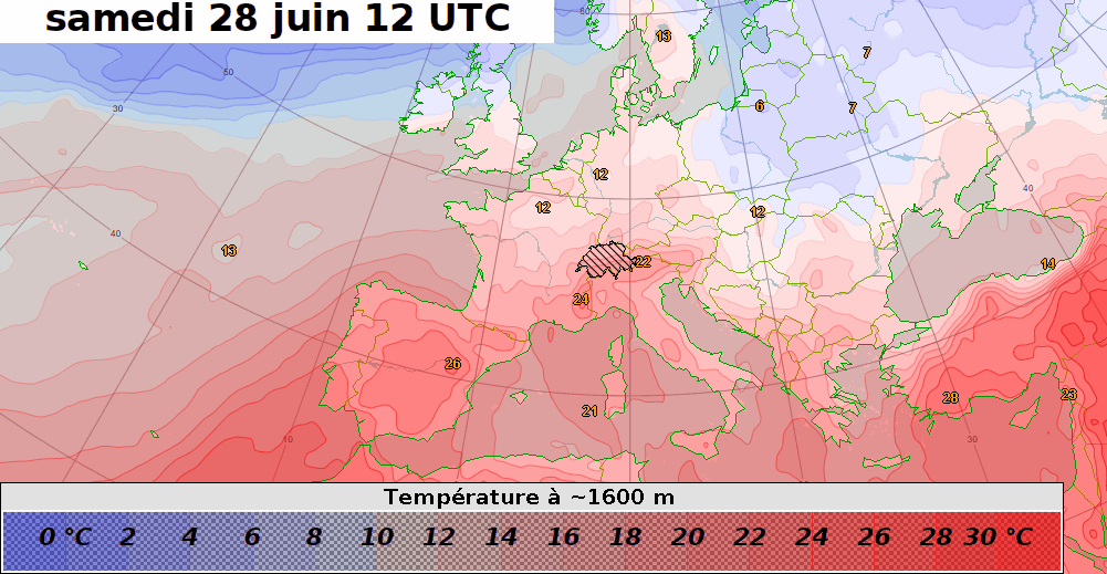 Température prévue à 850 hPa (environ 1600 m d'altitude) entre samedi 28 juin et jeudi 3 juillet 2025 par le modèle IFS.