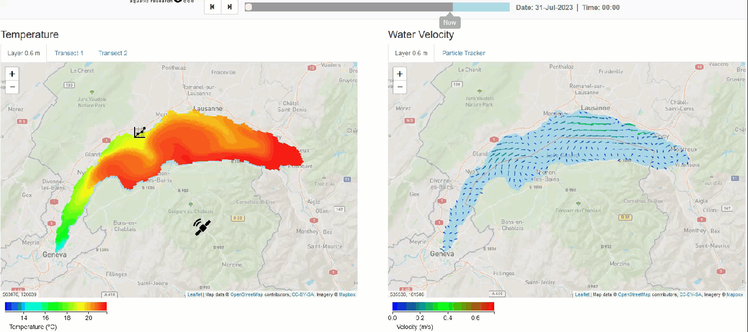 Température (à gauche), force et direction du courant de surface (à droite) du lac Léman. L'animation montre la période entre le 31 juillet et le 4 août 2023 ainsi que les prévisions jusqu'au soir du 6 août.