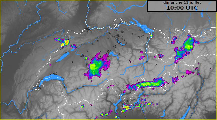 Animation des observations des radars de précipitations de MétéoSuisse entre dimanche midi et lundi midi. 