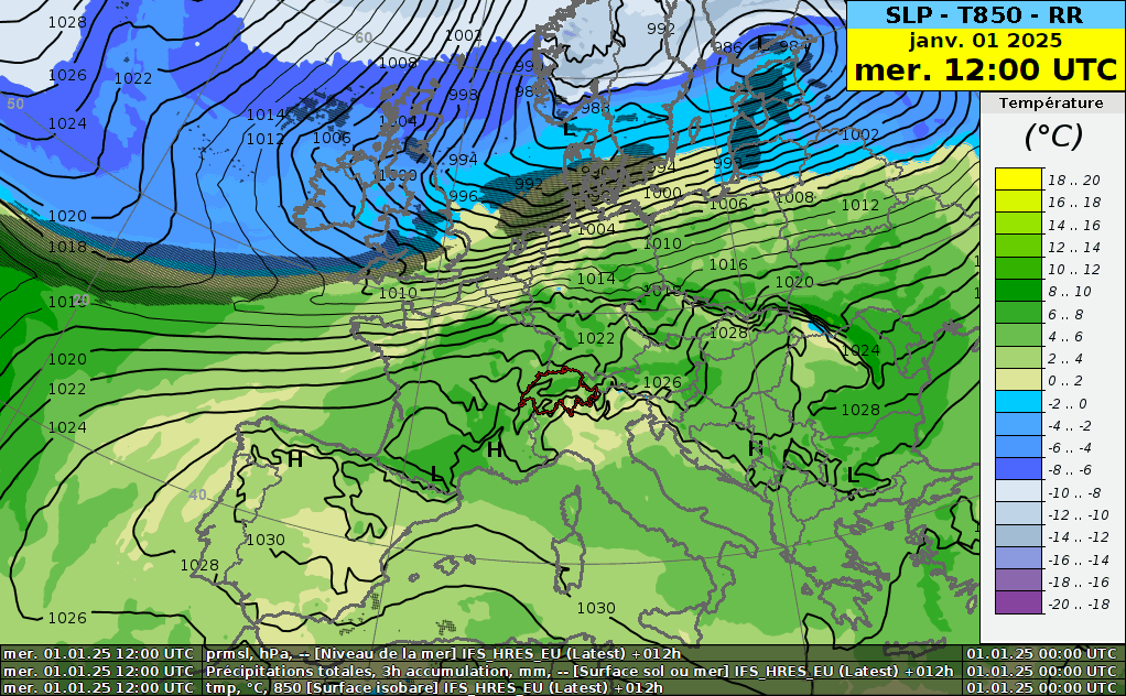 Animation de la température à 850 hPa (vers 1500 m, couleurs, en °C), pression réduite au niveau de la mer (contours noirs, en hPa) et zones de précipitations (en gris) du mercredi 1er au vendredi 3 janvier 2025. Modèle IFS.