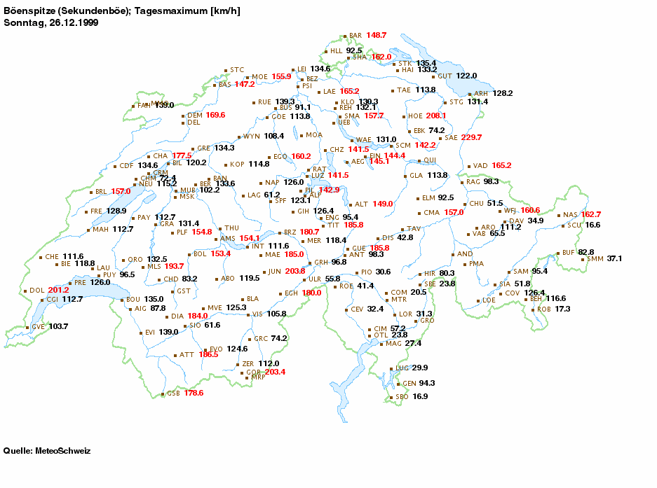Rafales maximales mesurées dimanche 26.12.1999 (Stations SwissMetNet)
