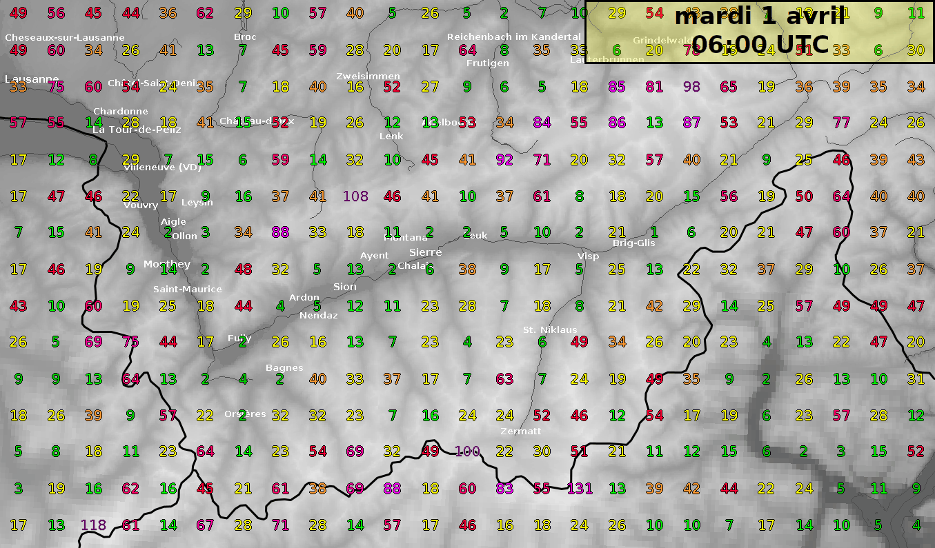 Prévision des rafales de vent en Valais pour le mardi 1er avril à 8 h et mercredi 2 avril à 2 h.