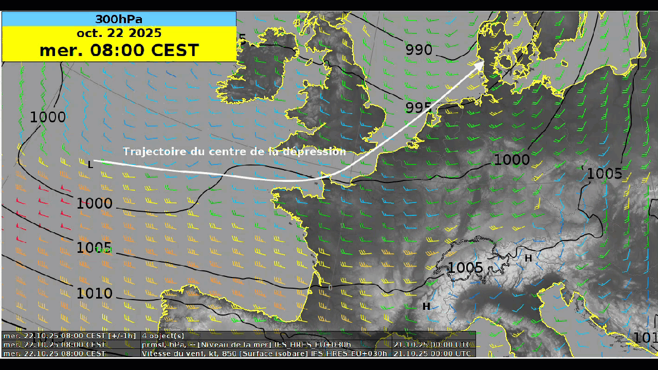 Cyclogenèse explosive, trajectoire probable du centre de  la dépression