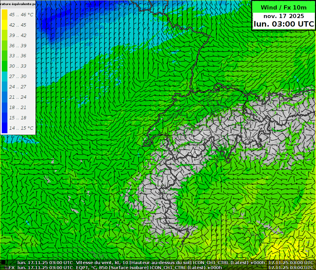 Prévisions du modèle ICON_CH1E_CTRL. Les barbules noires indiquent le champ de vent à 10 m. Les zones colorées indiquent les valeurs ThetaE à 850 hPa, soit environ 1500 m, une mesure de la température et de l'humidité d'une masse d'air. Ici, des valeurs de ThetaE plus basses (en bleu) sont advectées depuis le nord et montrent clairement le passage d'un front froid.