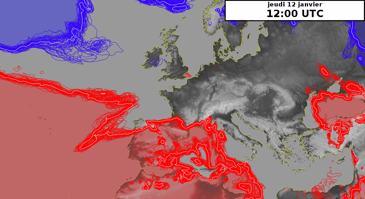 Evolution des isothermes -5°C (bleu) et +5°C (rouge) de la prévision d'ensemble du modèle IFS au niveau 850 hPa. On peut ainsi observer l'arrivée d'une masse d'air froide dès le début de la semaine prochaine et l'incertitude grandissante à partir du milieu de la semaine. 