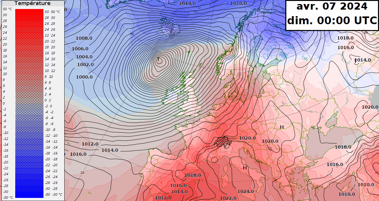 Carte de l'évolution de la pression réduite au niveau de la mer et de la température à 850 hPa du dimanche 7 au mardi 10 avril 2024. Modèle IFS.