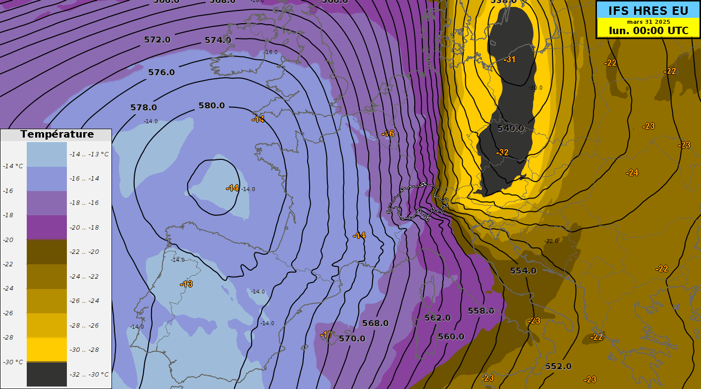 Animation de la température au niveau 500 hPa (vers 5500 m) entre lundi 31 mars et jeudi 3 avril 2025. (Image : modèle IFS, ECMWF) 